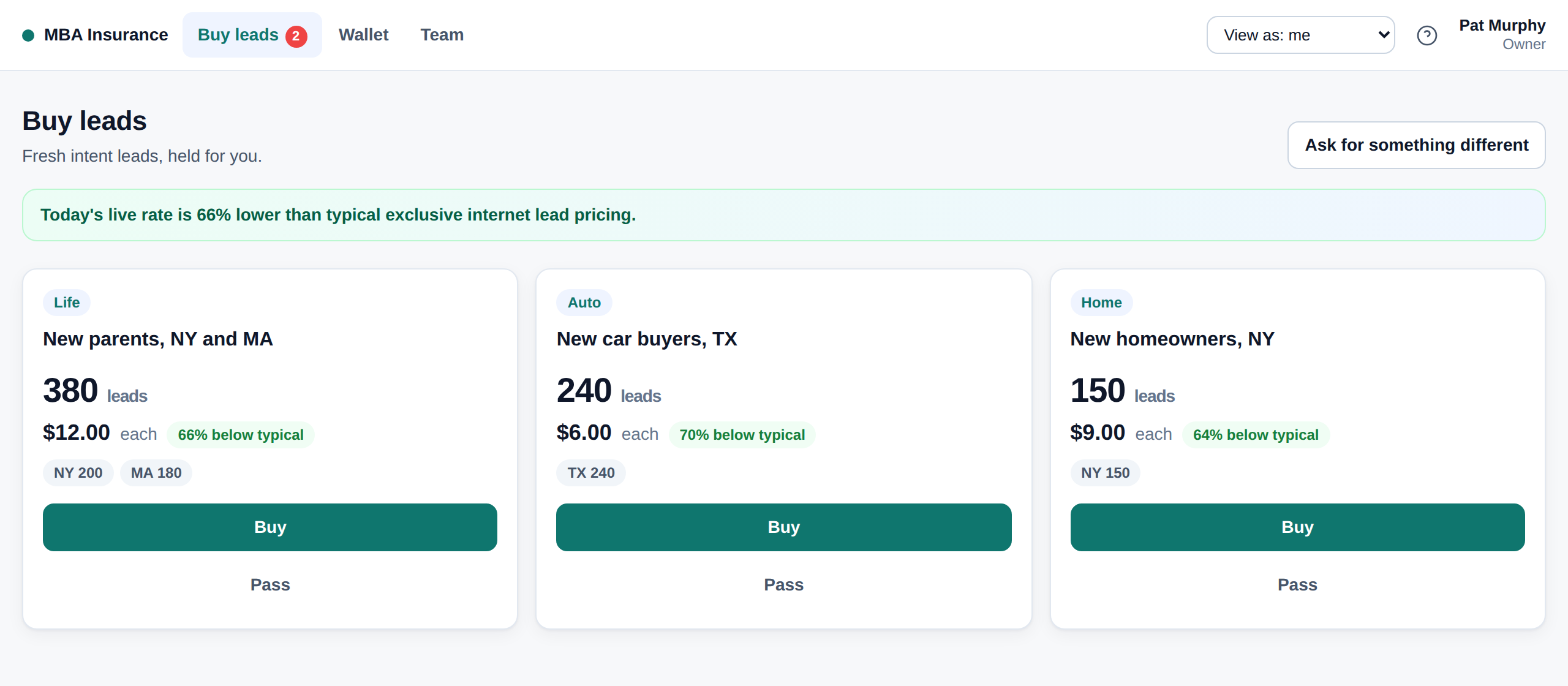 The Buy Leads screen